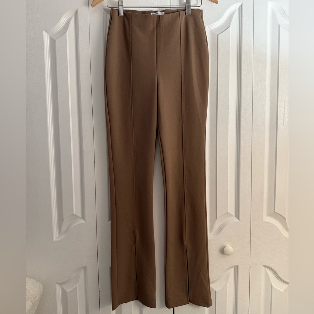 High-Waisted Taupe Flare Pants w/ Front Hem Slit